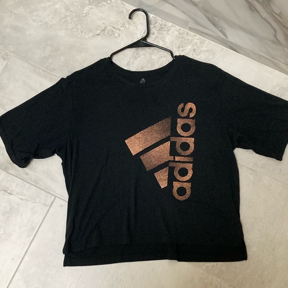 Adidas Cropped Black and Gold Logo T-Shirt